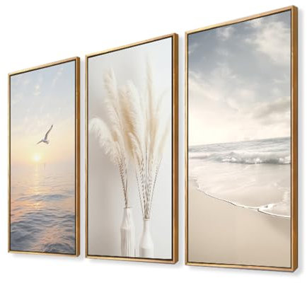 Visario Bild 120x80 cm gerahmt Möwe Strand Meer Pampasgras Bilder auf Leinwand Markenware Kunstdrucke 4423