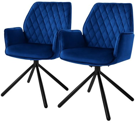 ML-Design Esszimmerstühle 2er Set Samt Dunkelblau, Wohnzimmerstuhl mit Arm- und Rückenlehne, Drehstuhl Auto-Position, Polsterstuhl mit Metallbeine, Ergonomische Sessel Küchenstuhl drehbar Loungesessel