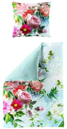 JACK by Bierbaum Mako Satin Wende Bettwäsche 135x200cm 2 TLG. Blüten Pfingstrose Hellblau Bunt Digitaldruck