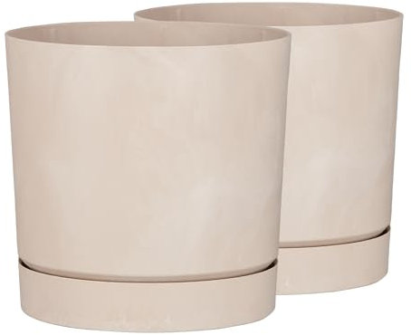 Tymar Vaso da fiori con sottovaso, confezione da 2, vaso decorativo in plastica, moderno, rotondo, per interni (diametro 40 cm, confezione da 2) BETO crema