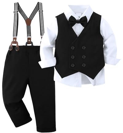 Amissz Boys Gentleman Suits, Kids Formal Wedding Tuxedo Outfits Boy Long Sleeve Shirt with Bowtie + Vest + Suspender Pants Black 9-10 Years