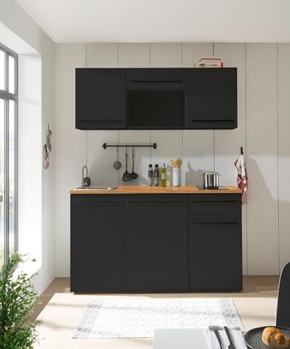 möbelando Singleküche >Jazz< in Schwarz matt - 160x212x60 (BxHxT)