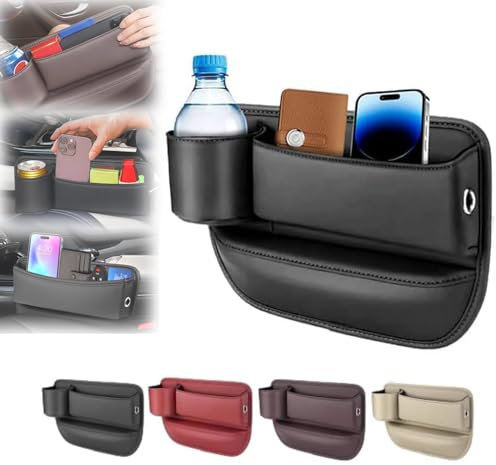 XIBHDN Car Leather Cup Holder Gap Bag, Car Seat Gap Filler Organizer, Leather Car Seat Storage Box, Car Seat Storage Box with Cup Holder (Black, Driver Side)