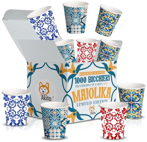 AKITAInk 1000 Bicchieri Carta Acqua Bevande Biodegradabili 180 ml Design Maiolika, Costiera amalfitana Maiolica