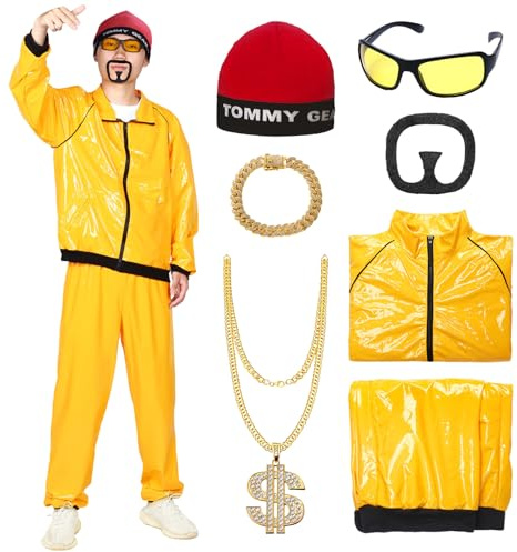 Ficlwigkis 90s Fancy Dress Costume for Men - Ali G Costume with 6Pcs 90s 80s Rapper Funny Shell Suit, Necklace, Glasses, Beard for Halloween & Stag Do
