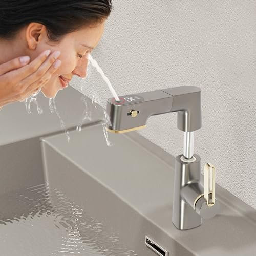 Rubinetto per lavabo, con doccetta estraibile e schermo a LED, rubinetti per lavabo con 3 funzioni per lavabo (oro)