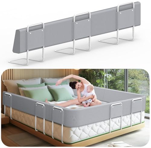 Kuro-sagol Barrera de Seguridad para niños – Barrera de Cama para niños con protección de Bordes, Seguridad para Cama Infantil, Altura Ajustable 40-60 cm, Desmontable, portátil, Gris, 180cm