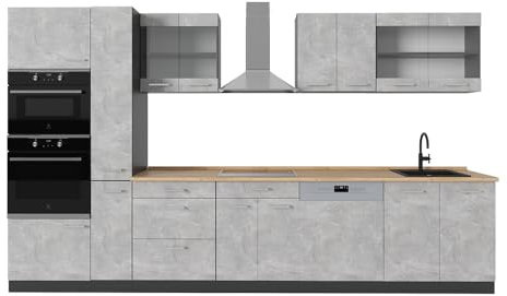 Vicco Küchenzeile R-Line, Küchenblock, Beton/Anthrazit, 350 cm ohne Arbeitsplatte