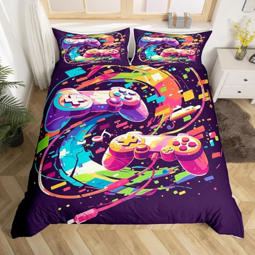 Homewish Boys Kids Gaming Single Bedding Sets 2 Pieces, Reversible Gamepad Duvet Cover for Teens Game Room Decor, Vintage Pixel Style Quilt Cover, Abstract Colorful Gamer Bed Set With 1 Pillowcase