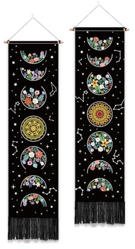 PLIGREAT 2er Pack Blumen Mond Wandteppich mit Quasten, Mondphase Ästhetischer Wandbehang Vertikal Home Art Wandteppich für Schlafzimmer Wohnzimmer Badezimmer Lange schmale Wandbehang Kunst Dekor