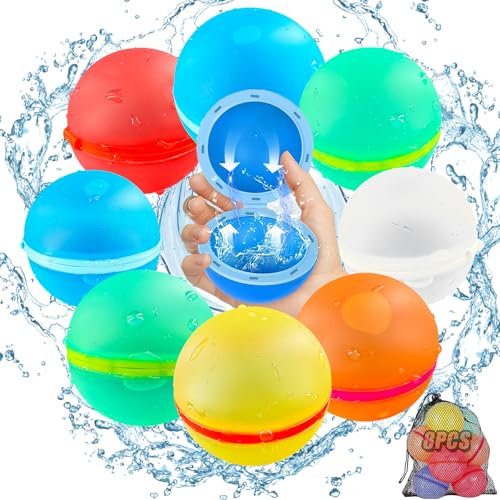 Wiederverwendbare Wasserbomben, 8 Stück mit Aufbewahrungstasche, Gozuein Schnellbefüllbare Silikon Wasserballons - Selbstschließend, ideal für Wasserschlachten und Familienaktivitäten im Freien