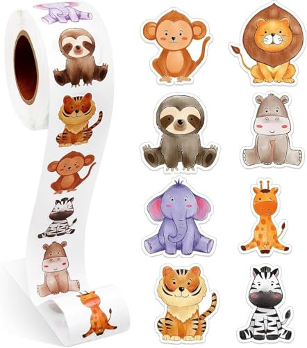 Sticker Kinder - 500 Pcs Runde Tier Aufkleber Belohnungsaufkleber Dschungel Animal Rolle Tieraufkleber Set Geburtstag