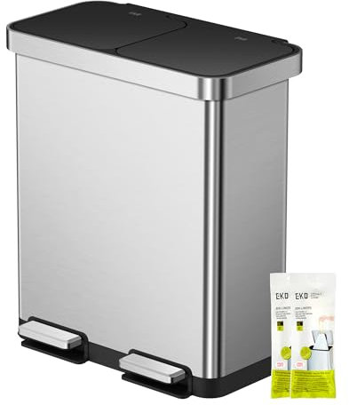 EKO Cubo de basura Deluxe con 2 compartimentos, 40 + 28 litros, sistema de separación de basura, 12 bolsas de basura, pedal con pedales duraderos, cubos interiores extraíbles, cierre suave, sin