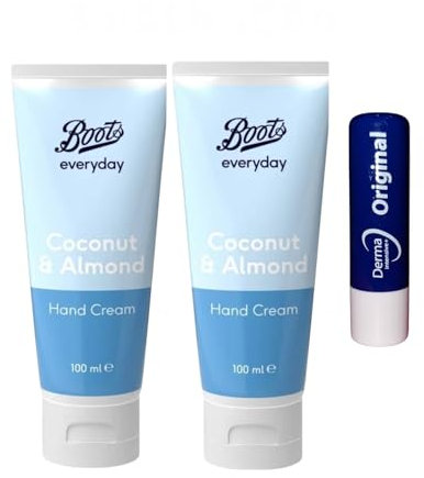 Boots Coconut And Almond Hand Cream Moisturises Nourish And Replenish Skin Twin Pack 100ML With Free Orignial Lip Balm