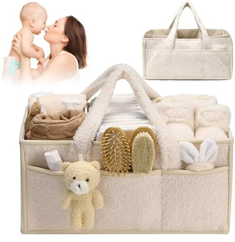 HOVCEH Windel Organizer, Tragbarer Wickeltasche organizer, Large Wickelkorb Organizer, Plüsch Baby Diaper Caddy mit Fächern & Griffen, Reisen Wickelorganizer für Baby Car Wickel Bags (Weiß) (Weiß)