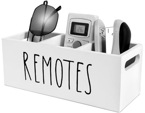 GWCYMYD Remote Control Holder with 3 Compartments Wooden TV Remote Holder TV Controller Organiser for Living Room Bedside Couch (White)