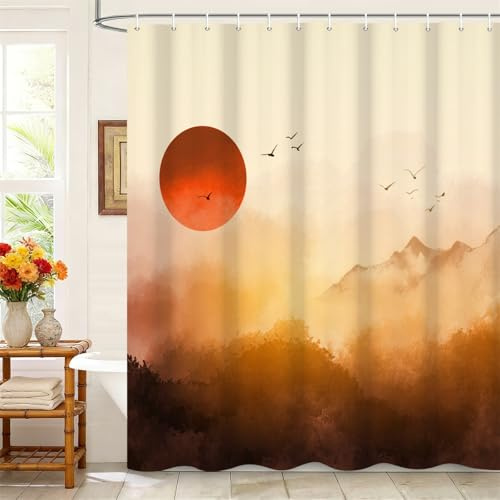 Kzzfqxb 180x200cm Duschvorhänge mit Kunstst Offhaken, Rote Sonne Morgen Golden Glühen Nebelig Bergwald Wasserdicht Polyester Gewebe für Badewanne, Sonnenaufgang Gemälde Dekoration für Badezimmer