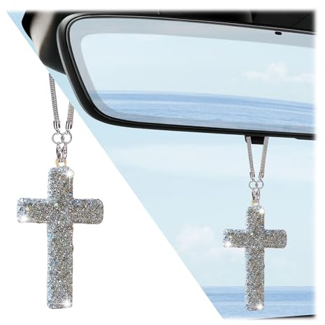 AstraGlam Pendentif Croix pour décoration de Voiture – Ornement Croix Double Face en Strass à Suspendre, Cristal étincelant pour rétroviseur, Décoration Automobile Religieuse pour Femmes et Hommes