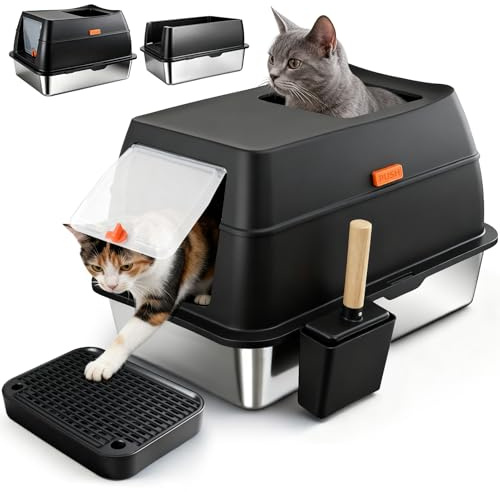 ZAKVOP Katzenklo Edelstahl 60x40x38cm,Katzentoilette Vollgeschlossen | Katzenklo mit Doppeltem Eingang und Anti-Streu-Matte, Auslaufsicher Cat Litter Box für Große Katzen und Mehrkatzenhaushalte