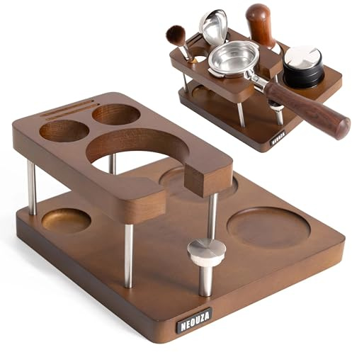 NEOUZA Station de tassage à café 58mm Plus 7-en-1 rangement, pour porte-filtre 58mm surdimensionné/à parois épaisses, hauteur réglable, bois massif