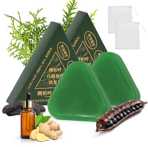 2 Pains Shampoing Solide Triangulaire, Savon Vert pour Cheveux | Aux Feuilles De CyprèS Et à L'Herbe Usman Pour La Croissance,Le Renforcement,L'éPaississement Et Le Volume
