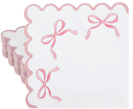 Ruispeed 100 Stück Rosa Schleifen Servietten – 6,5 Zoll Wellenrand Einweg-Papierhandtücher in Weiß-Rosa für Geburtstag, Junggesellinnenabschied & Hochzeitsparty Deko