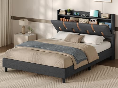 KIMENICH Double Bed Frame 135x190cm, Upholstered Bed 135 x 190 cm with Storage Headboard and Sockets, Open Shelf, Concealed Storage, 4ft6 Double Bed Frame with Wood Slat Support, Linen Grey