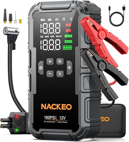 8000A Jump Starter Power Pack with Air Compressor 160PSI, 12V Car Battery Booster Jump Starter (All Gas 12L Diesel), Car Jump Starter Power Bank with 600LM Light, Jumper Cables, Large LCD Display
