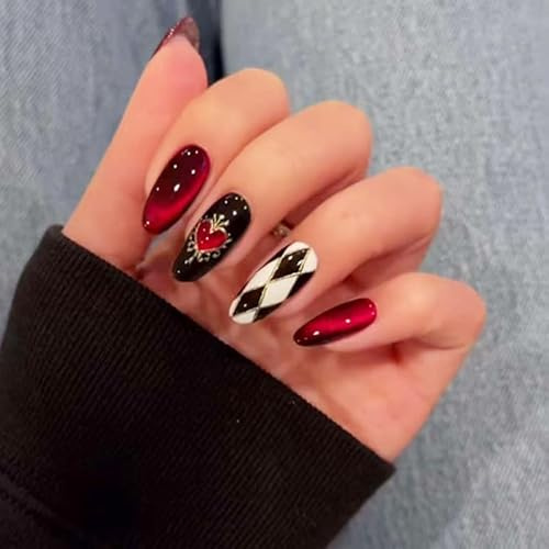 30pcs Long Oval False Nails Red Heart Design Cat Eye Press on Nails Black White Checkboard Stick on Nail Removable Glue-on Fake Nail Art Accessories for Women