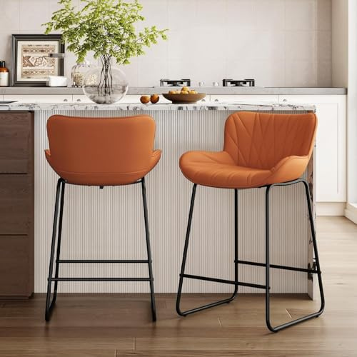 chairus Juego de 2 Taburetes de Bar de Cuero PU Sillas Altas de Estilo Industrial,Taburetes Altos con Respaldo Silla de Isla de Cocina con Patas Metálicas para Barra/Cafetería, Naranja