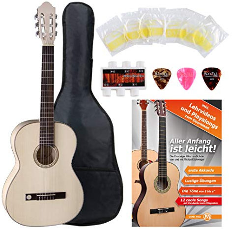 GEWA Pro Natura Silver 7/8 Konzertgitarre Starter Set (Massive Fichtendecke, Boden und Zargen: Ahorn, Set inkl. Tasche, Gitarrenschule, Stimmpfeife, 3 Plektren & 1 Satz Saiten) Seidenmatt