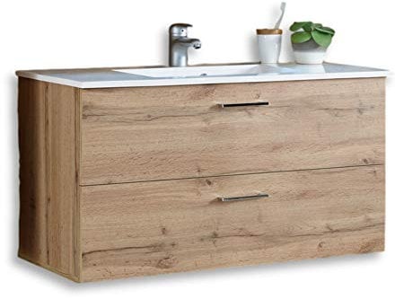 BEST Waschbeckenunterschrank hängend mit Waschbecken in Wildeiche Optik - Bad Unterschrank mit Softclose Schubladen & viel Stauraum - 99 x 53 x 45 cm (B/H/T)