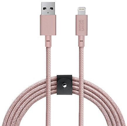 Native Union Belt XL Cable - 3 Metres Ultra-Robusto Reforzado [Certificado MFi] Cable de Carga Lightning a USB con Correa de Cuero (Rose)