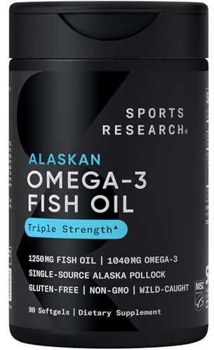 Sports Research® Omega-3 Fish Oil 1250 - Triple Strength Fish Oil Supplement from Wild Alaska Pollock - MSC Certified Sustainable · Non-GMO · Soy Free - 90 Softgel Capsules