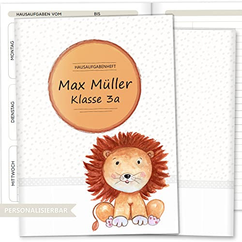 Olgs Hausaufgabenheft Hülle Safari Tour inkl. Heft Schulheft Schutzhülle Umschlag Geschenkidee Einschulung personalisierbar mit Namen und die Schulklasse (personalisiert, Löwe)