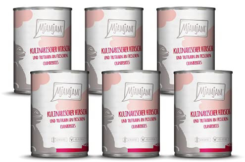 MjAMjAM - Premium Nassfutter für Katzen - kulinarischer Hirsch und Truthahn an frischen Cranberries, 6er Pack (6 x 400 g), getreidefrei mit extra viel Fleisch