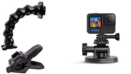 GoPro aws Einbein-Stativ Flex-Klemme (Offizielles GoPro-Zubehör) & Front Saugnapfhalterung - Gebogene, vertikale Schnellspannschnalle, 2 x Schwenkarme, Rändelschrauben (Offizielles GoPro-Zubehör)