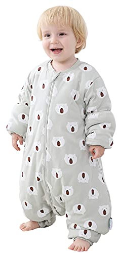 Chilsuessy Baby Winter Schlafsack mit Füßen, 100% Bio Baumwolle mit Naturfasern, 2.5 Tog Ganzjahres Kinder Schlafsack mit Beinen,abnehmbar Ärmel, Eisbär, M/Baby Höhe 80-90cm