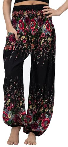 B BANGKOK PANTS Haremshose Schlaghose Damen Yoga Boho Kleidung mit Taschen, Black floral, Einheitsgröße