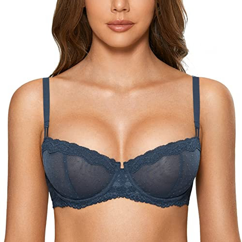 DOBREVA Women's Sexy Lace Balconette Bra Unlined Underwire Open Half Cup Bra See Through Sheer Balcony Bra Sargasso 38E