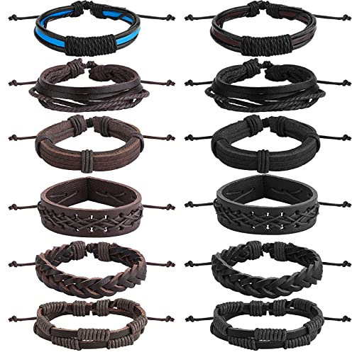 Yolev 12 Stück Lederarmband Herren Schmuck Geflochtene Armband Herren Damen Crossover Charm Schwarz Braun Breites Armbänder Geflochtene Lederarmbänder Wickelarmband Elastisch Einstellbare Länge