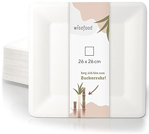 wisefood Zuckerrohr Teller - 500 Stück Bagasse Einwegteller quadratisch 26cm - Einmal Pappteller ideal als Partyteller oder Speiseteller - Nachhaltiges Zuckerrohr Geschirr ohne PLA/PE