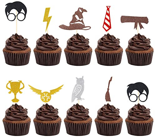 CCINEE 40 Pack Glitter Wizard Cupcake Toppers, Magical Inspired Cupcake Picks Magical School Wizard Theme Baby Shower Birthday Party Cake Decorations Supplies