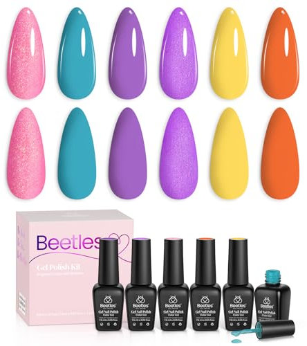 beetles Gel Polish Nail Polish Kit-6 Pcs Midsummer Dream Glitter Red Purple Yellow Gel Polish Summer Gel Polish Soak Off Nail Lamp Gel Polish Gifts for Women Manicure Kit