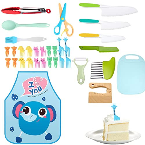shangjia Cocina para niños pequeños,Utensilios Cocina para niños | Juego Cuchillos para niños con Delantal, Tabla Cortar, cortadores Frutas y Verduras, Cuchillos con Bordes