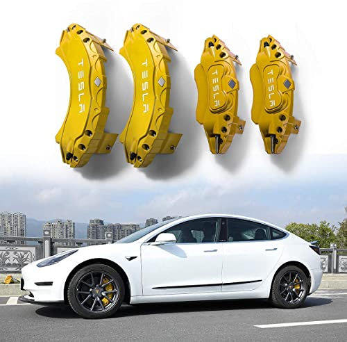 HEYCE 4 Stück Auto Bremssattel Abdeckung für Tesla Model Y Custom Bremssattel Abdeckung aus Aluminiumlegierung, Auto Radbremse langlebige Bremssattel Abdeckungen,Yellow-18inches