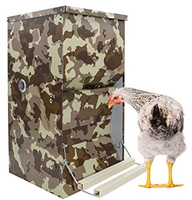 FINCA CASAREJO Futtertrog für Hühner und anderes Geflügel | 20 kg Futtertrog mit Fußpedal | Automatischer Trichter Vogel- und mäuseabweisend | Camouflage-Farbe | Verstellbares Pedal