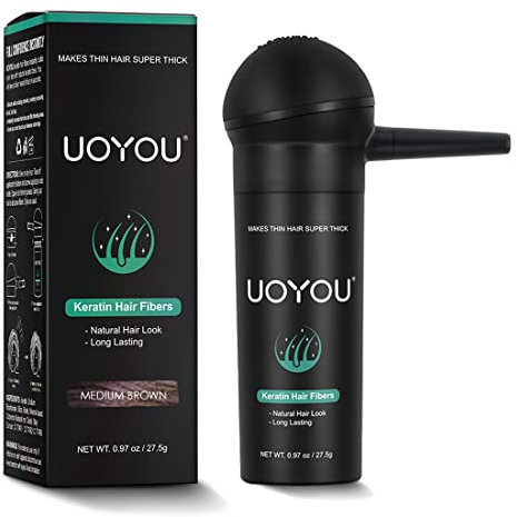 UOYOU Hair Fibres MEDIUM BROWN 27.5g with Pump Applicator – Natural Keratin Hair Building Fibers for Thinning Hair – Undetectable, Sweat- & Wind-Resistant Concealer for Men & Women