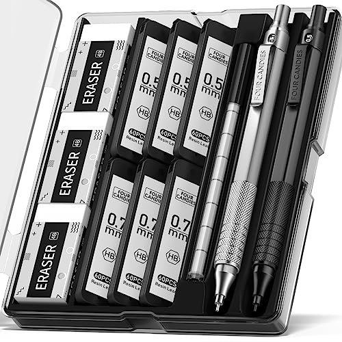 Four Candies Lot de 2 crayons mécaniques en métal noir et argenté de 0,5 mm et 0,7 mm avec étui, avec 360 recharges HB, 3 gommes, 9 recharges de gomme pour l'écriture