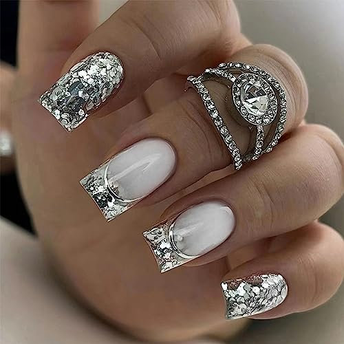 24pcs Square French Tip Press on Nails With Silver Glitter Sequin - Removable Full Cover Nail Art Accessories for Women and Girls